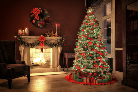 Weihnachten-Szene mit Baum Geschenke und Feuer im Hintergrund. 3D-Rendering Stockfoto - 34048153
