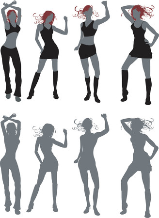 Ilustración de cuatro mujeres jóvenes bailando, el trabajo en gran silueta o en simples colores. Ilustración de cuatro mujeres jóvenes bailando, el trabajo en gran silueta o en simples colores.