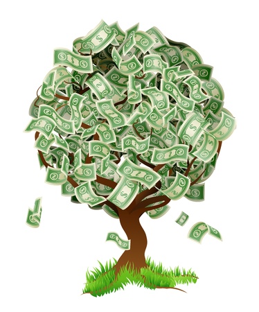 for money: Una ilustración conceptual de un árbol que crece el dinero en forma de billetes de dólar. Concepto de ganancias o el crecimiento económico, el interés de ganar o similares crecimiento de su tipo de tema de dinero. Vectores