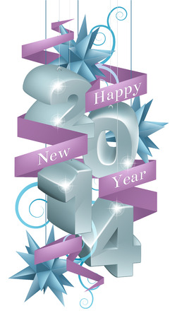 Bleu et argent happy new year 2014 ornements avec un ruban pourpre lecture happy new year photo