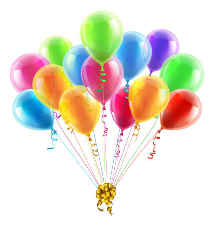 balloon: An illustration of a set of colourful birthday or party balloons with ribbons tied together with a big gold bow