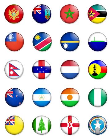 A selection of the flags of the nations of the world done in the style of small retro button badges.
