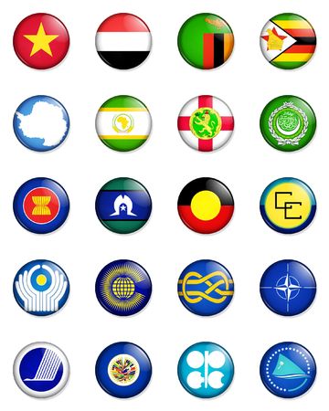 A selection of the flags of the nations of the world done in the style of small retro button badges.