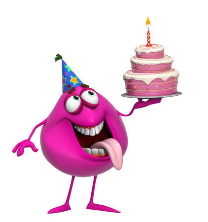 Dessin animé 3d mignon monstre rose avec un gâteau Banque d'images - 18722743