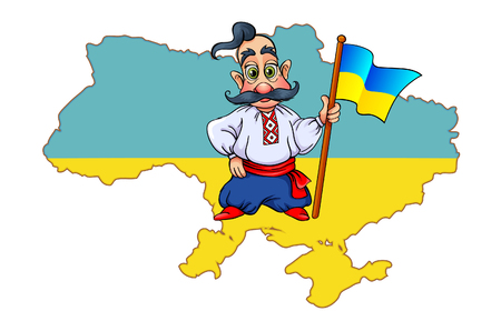 cosacco: Cossack con bandiera ucraina sulla mappa sfondo Vettoriali