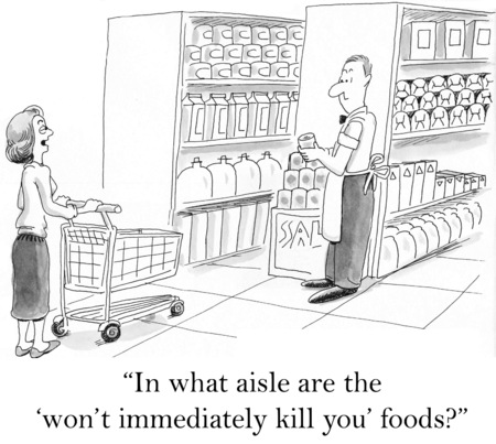 diet cartoon: Cartoon of woman in grocery store looking for the foods that will not kill you.