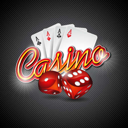 poker: Vector illustration on a casino theme with dices and poker cards on dark background. design.