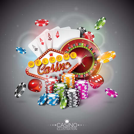 poker: illustration on a casino theme with color playing chips and poker cards on dark background. Illustration