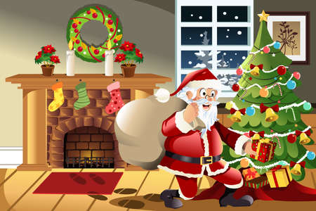 Ilustración vectorial. Santa Claus con una bolsa de regalos en Navidad, colocando un regalo bajo el árbol de Navidad. Foto de archivo. Ilustración vectorial. Santa Claus con una bolsa de regalos en Navidad, colocando un regalo bajo el árbol de Navidad. Foto de archivo.
