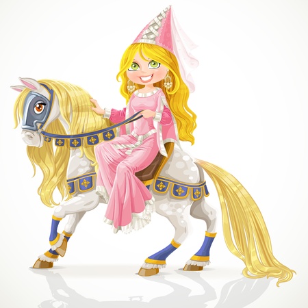 Princesa hermosa en un caballo blanco con una melena de oro en el arnés. Princesa hermosa en un caballo blanco con una melena de oro en el arnés.