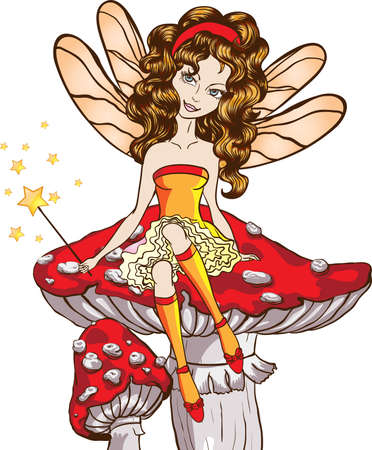 Petite fe assise sur le champignon, isol Banque d'images - 15905253