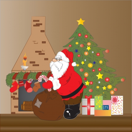 ilustración de Santa Claus bajando por la chimenea en la noche de Navidad. Foto de archivo. ilustración de Santa Claus bajando por la chimenea en la noche de Navidad. Foto de archivo.