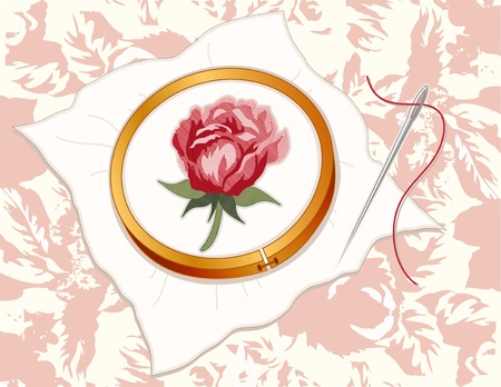 Red Damask Rose Embroidery, wood hoop, silver sewing needle, thread, vintage pastel rose background pattern. photo Red Damask Rose Embroidery, wood hoop, silver sewing needle, thread, vintage pastel rose background pattern. Vector
