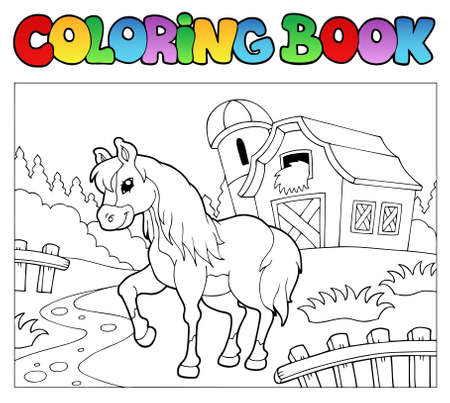 Libro para colorear con granja y caballo. Foto de archivo. Coloring Book. Libro para colorear con granja y caballo. Foto de archivo. Coloring Book.