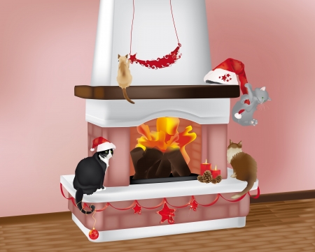 Hermosa escena en Navidad: 4 gatos en la chimenea, con adornos navideños. Foto de archivo. Hermosa escena en Navidad: 4 gatos en la chimenea, con adornos navideños. Foto de archivo.
