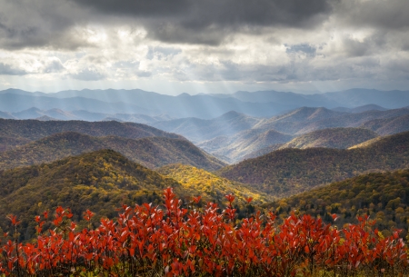 Scenic Autumn Blue Ridge Parkway Fall Foliage Crepuscular Light Rays travel and vacation destination