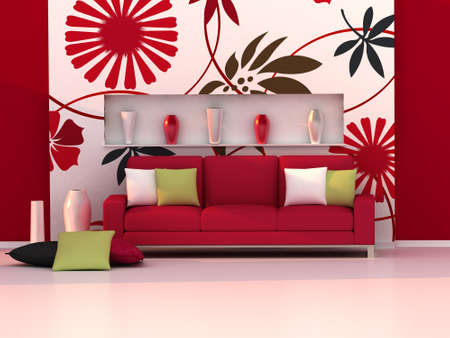 sofa rojo: Interior de la habitación moderna, la pared floral y el sofá rojo