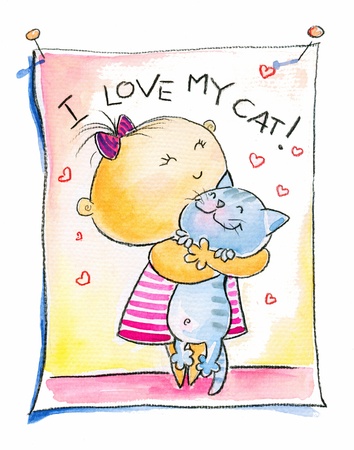 Niña pequeña que abraza su gato, imagen creada con las acuarelas. Foto de archivo. Niña pequeña que abraza su gato, imagen creada con las acuarelas. Foto de archivo.