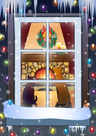 Navidad escena-perro y el gato en el frente de la chimenea. Ilustración vectorial. Foto de archivo. Navidad escena-perro y el gato en el frente de la chimenea. Ilustración vectorial. Foto de archivo.