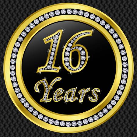 Happy 16 years anniversary, happy birthday golden icon with diamonds, vector illustration Stock Vector Happy 16 years anniversary, happy birthday golden icon with diamonds, vector illustration Stock Vector - 11860241