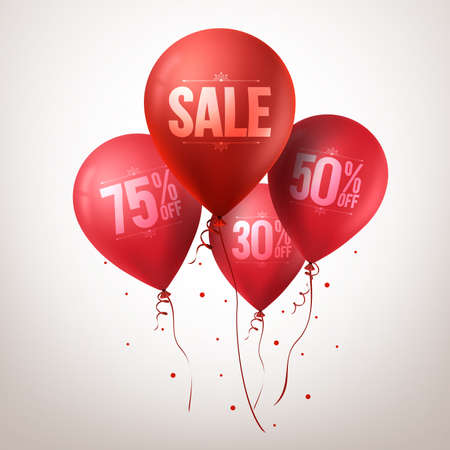 balloon: 3d Realistic Colorful Red Sale Balloons Flying for Christmas Promotion Isolated in White Background. Vector Illustration Illustration