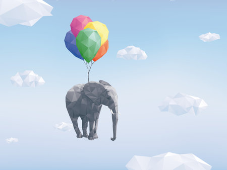 balloon: Low Poly Elephant attached to balloons flying through cloudy sky Illustration