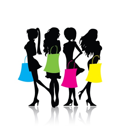 cuatro silueta de las niñas de compras aislados con bolsas de la compra. cuatro silueta de las niñas de compras aislados con bolsas de la compra.