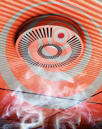 Smoke and fire detector Illustration of a smoke and fire detector in gray and red in rising smoke at a ceiling Stock Illustration - 11621230