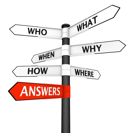 Crossroads sign with questions in every direction and answers pointer highlighted in red Stock Photo