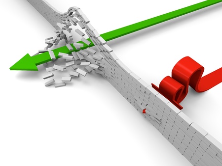 A brick wall stopping one arrow while the other breaks thorugh it, concept of achievement or failure