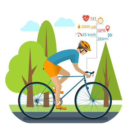 latidos del corazón: Ciclista en la bicicleta deportiva, paseos en el parque. Infografía que completan un ciclo ordenador, GPS, ritmo cardíaco, distancia, tiempo, cronómetro, velocidad, calorías quema. accesorios de bicicleta. estilo plano, ilustración vectorial Vectores