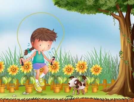 Ilustración de una niña saltando cuerda, jugando con un perro. Foto de archivo. Ilustración de una niña saltando cuerda, jugando con un perro. Foto de archivo.