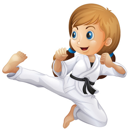 patada: Ilustración de una niña haciendo karate en un fondo blanco