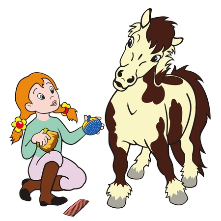 Chica asea su caballo que es un pony. Chica asea su caballo que es un pony.