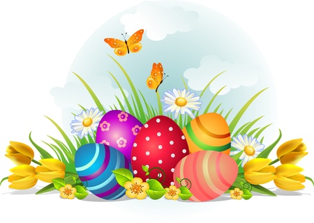 Oeufs de Pâques avec des fleurs et des papillons sur l'herbe à l'extérieur Banque d'images - 18090396