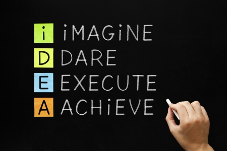 Hand writing IDEA - Imagine Dare Execute Achieve with white chalk on blackboard. photo