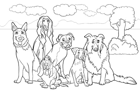 Ilustración de la historieta. Perros de pura raza, lindos cachorros en un paisaje rural. Coloring Book. Foto de archivo. Ilustración de la historieta. Perros de pura raza, lindos cachorros en un paisaje rural. Coloring Book. Foto de archivo.