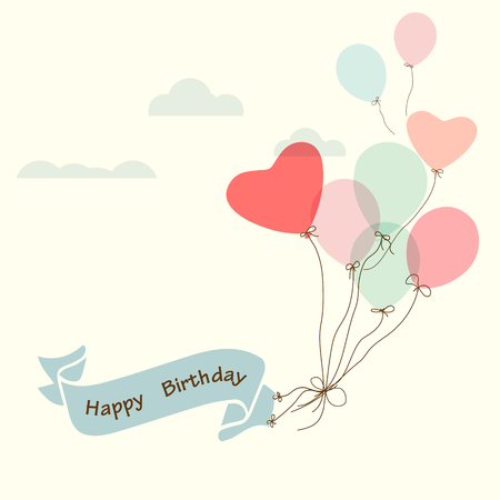balloon: Happy birthday postcard, vintage ribbon with heart balloon - vector design