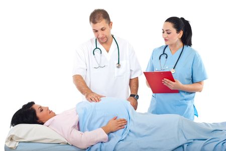 prenatal preparation doctor examine pregnant belly in hospital and a nurse woman standing near bed - Prenatal Nurse prenatal preparation doctor examine pregnant belly in hospital and a nurse woman standing near bed - Prenatal Nurse