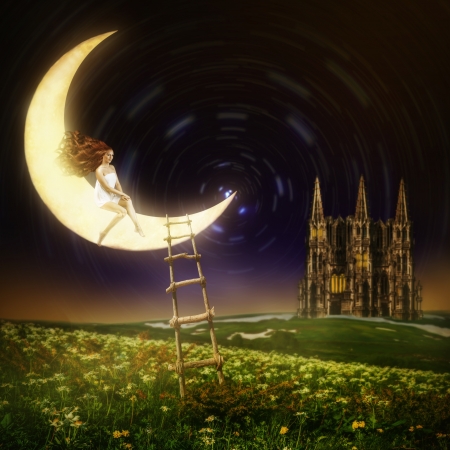 Wonderland. Belle princesse femme assise sur la lune dans le ciel de nuit avec les étoiles Banque d'images - 20258587