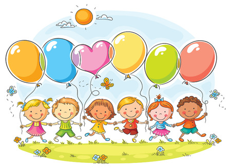 balloon: Happy kids outdoors with balloons with copy space, no gradients Illustration