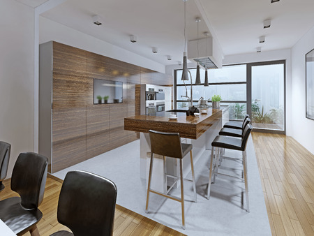 Estilo de alta tecnologÃa de la cocina. cocina con barra americana ... Barra de cocina estilo americano
