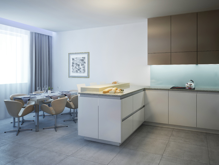 Cocina con estilo contemporáneo mesa de comedor. brillante cocina ... Barra de cocina estilo americano