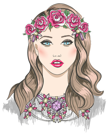 jeune fille: Jeune illustration de mode de fille. Fille avec des fleurs dans ses cheveux et un collier de déclaration