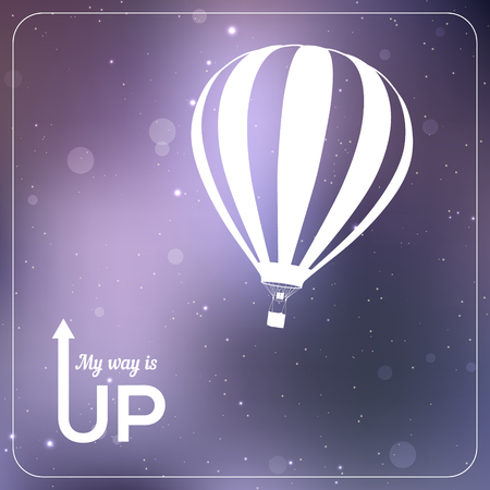 balloon: My way is UP hot air balloon vector illustration. White silhouette in vibrant sparkling violet background