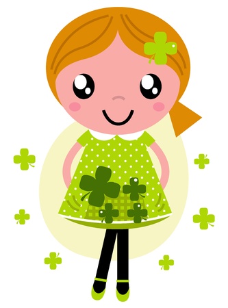 Cute girl avec trèfles à quatre feuilles. Vector Illustration Banque d'images - 19379668