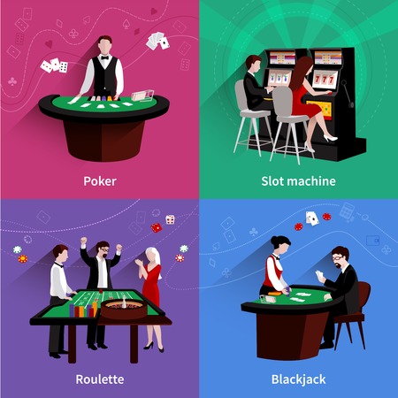 poker: People in casino design concept set with flat poker slot machine roulette blackjack icons isolated vector illustration