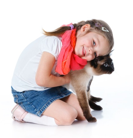 Niña se diverte jugando con el gato. Fondo blanco. Foto de archivo. Niña se diverte jugando con el gato. Fondo blanco. Foto de archivo.
