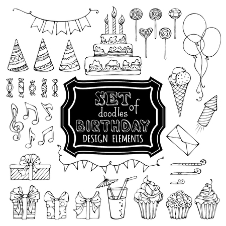 balloon: Set of outline birthday design elements. Hand-drawn garlands and balloons, music notes, gift boxes, party blowouts, cakes and candies, birthday pie, party hats and other doodles design elements isolated on white background.