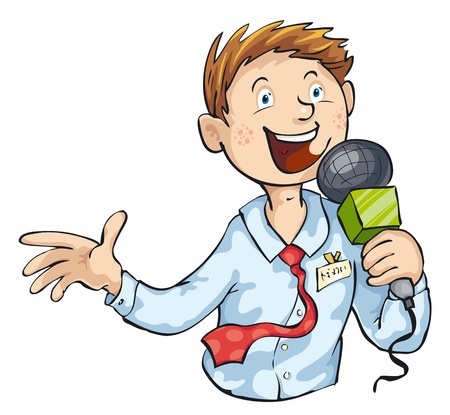 reportero: Periodista con micrófono aislados en fondo blanco.